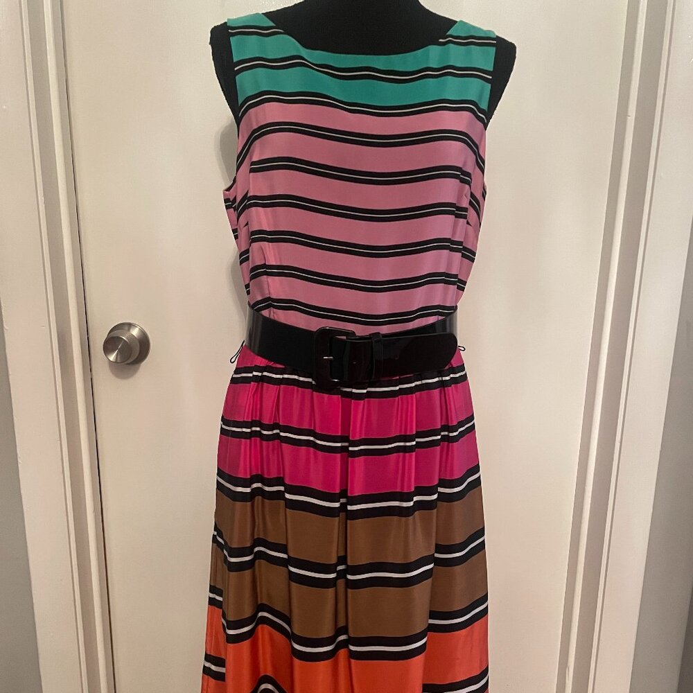Donna Ricco Sleeveless Belted Dress Size 10 Multicolor Striped Knee Length